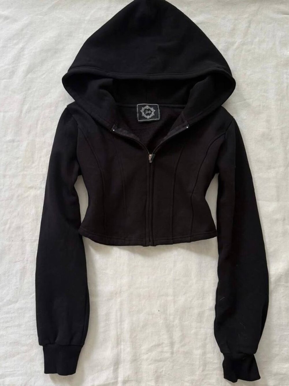 Black Cropped Zip-Up Hoodie with Hood